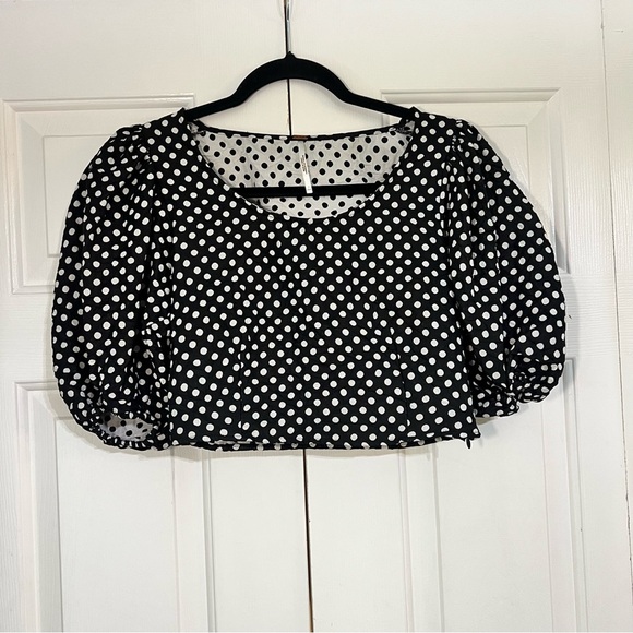 Free People Polka Dot Puff Sleeve Crop Top Blouse Womens Size 2 Black White - Picture 6 of 9